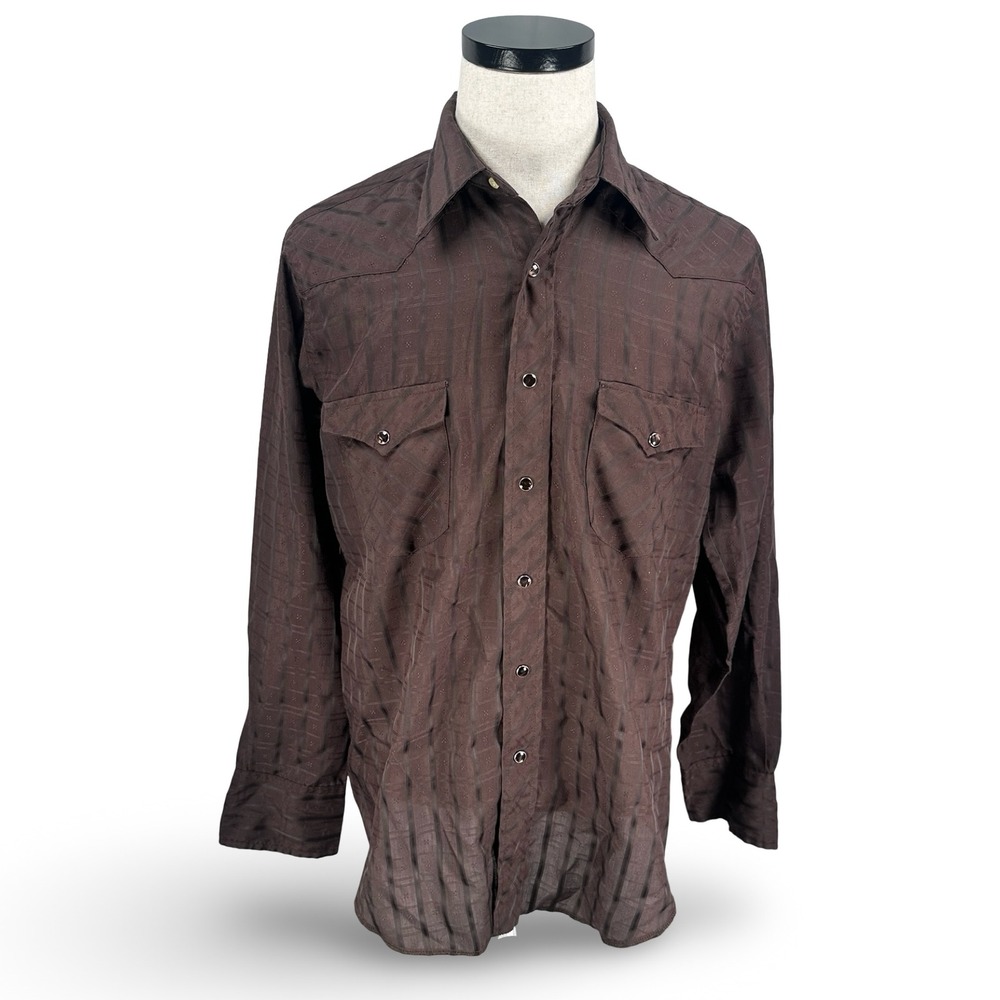 Vintage Wrangler 70s Western Snap Shirt Brown Dobby Stripe Large USA Long Tails